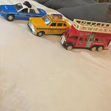 Mini diecast pull-back toy car set of 3: blue police, yellow taxi, red bus