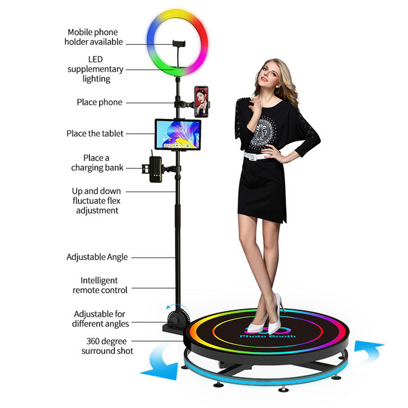 360 photo booth rotating glass platform with LED ring and phone/tablet holder
