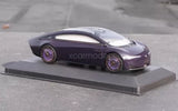 Purple sports car diecast model on gray display base, front-left three-quarter view