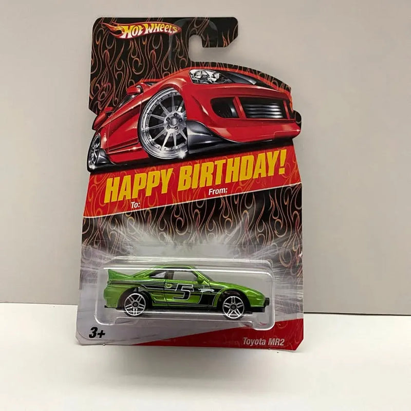 Hot Wheels diecast Toyota MR2 in green blister pack with Happy Birthday graphics
