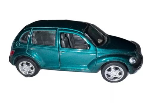 Green diecast car model with open windows and silver wheels