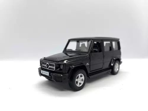 Black Mercedes-Benz G63 AMG diecast SUV model car, front three-quarter view.