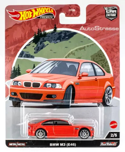 Orange BMW M3 (E46) diecast car in clear blister package, 1/64 scale