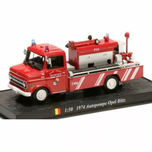 Red fire truck die-cast model, 1:50 scale, with ladder and hoses