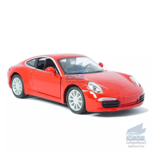 1/36 Porsche 911 Carrera S red diecast model car, front 3/4 view