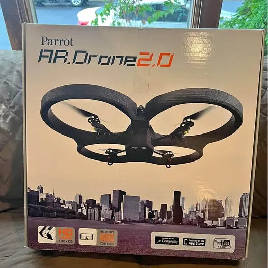 Parrot drone box with dark quadcopter illustration and branding Parrot Airborne 2.0