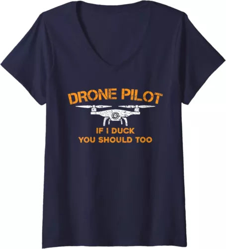 Women's v-neck T-shirt in dark navy with drone pilot graphic and text