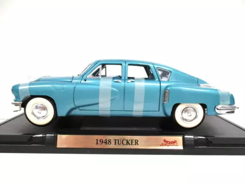 Light blue diecast model car with side stripes, on black display base
