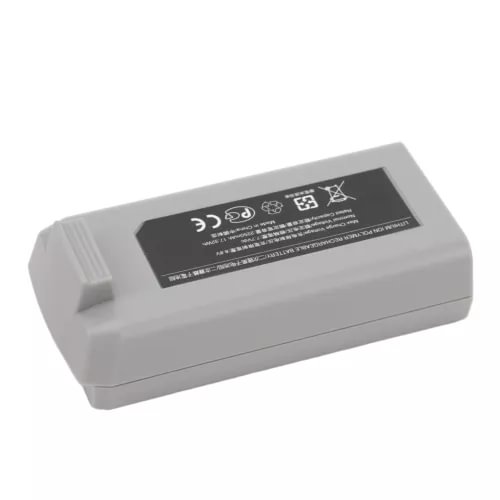Gray drone battery pack with label and warning icons