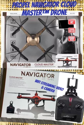 Red and black quadcopter drone with attached camera and WiFi streaming control unit