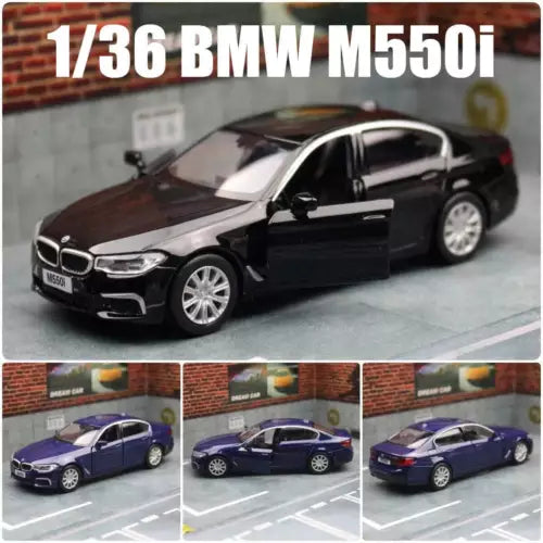 1:36 BMW M550i diecast model car, dark color, driver door open