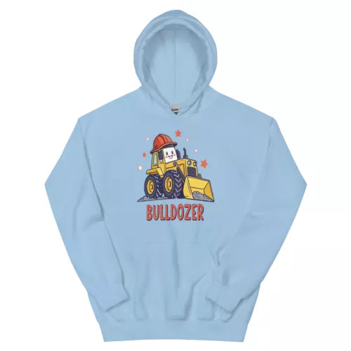 Light blue pullover hoodie with front cartoon construction vehicle graphic