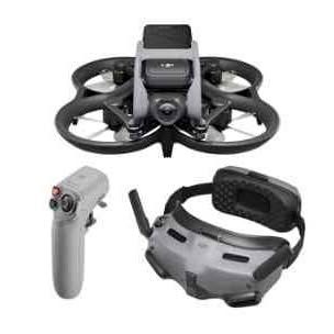 Compact drone with goggles and joystick controller, black and gray