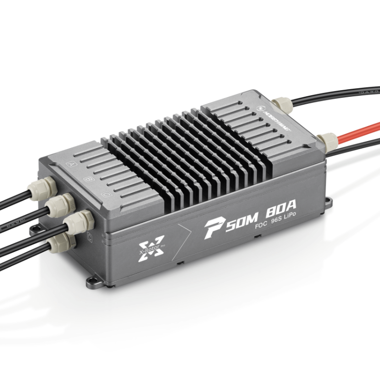 Motor ESC power module with finned aluminum heat sink and wire leads, grey