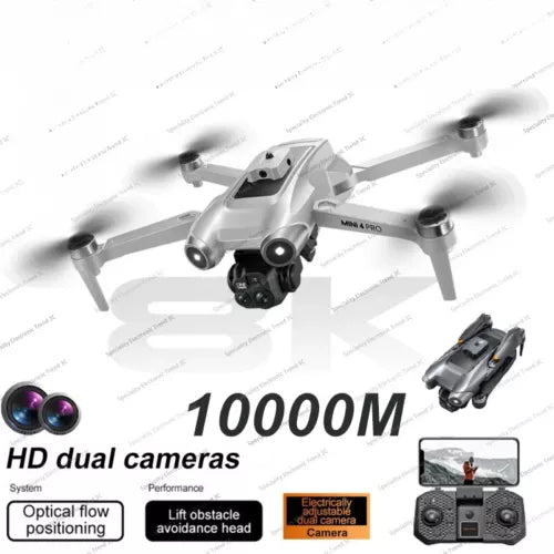 White quadcopter drone with dual cameras and black front sensor pods, plus remote controller