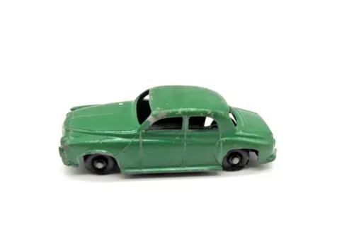 Vintage diecast Rover 105 No. 19 car, green, side view, black wheels