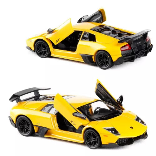 Yellow diecast sports car model with black hood and rear wing, two angles