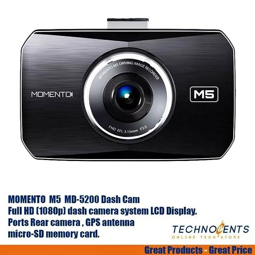 Dash cam with front lens, black body, M5 branding, suction mount-ready