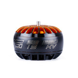 Black and orange FPV cinelifter motor with metal shaft and cooling fins