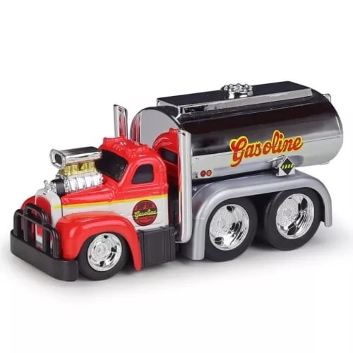 Diecast tanker truck toy with red cab and silver gas-tank trailer, chrome wheels.