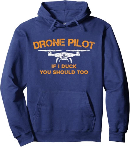 Unisex blue pullover hooded sweatshirt with drone pilot graphic and front pocket