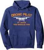 Unisex blue pullover hooded sweatshirt with drone pilot graphic and front pocket