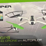 White quadcopter drone with green propellers and front camera, GPS autopilot.