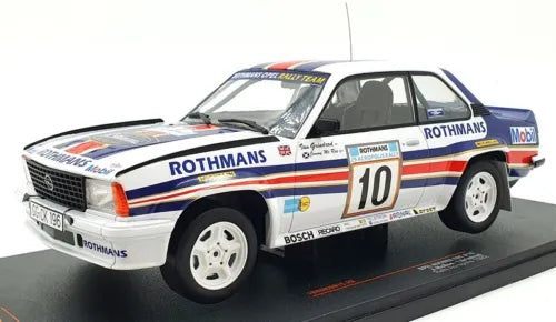 Racing diecast model car, white with blue/red stripes, #10 on doors, Opel Ascona 400