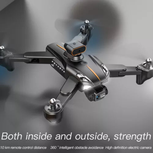 Foldable quadcopter drone with dual camera, raised propellers, orange accents