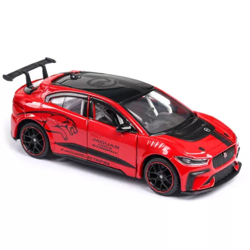 Red diecast model car with black wheels, front 3/4 view