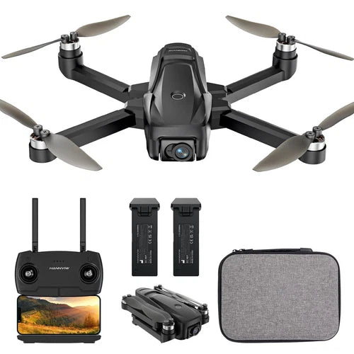 GPS drone with camera, quadcopter with controller, batteries, and carrying case