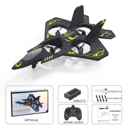 Black RC fighter jet drone with yellow decals, front cockpit and propeller fans.