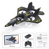 Black RC fighter jet drone with yellow decals, front cockpit and propeller fans.