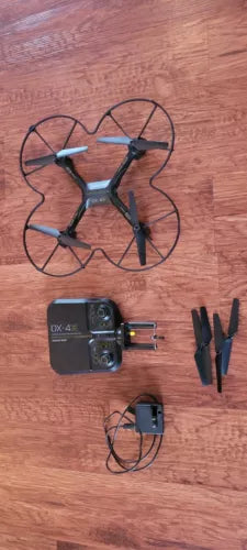 Video drone set with controller, charger, and spare propellers