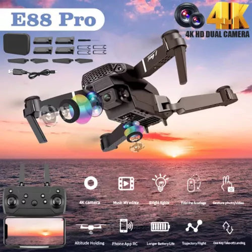 Foldable black quadcopter drone with dual 4K HD cameras and FPV system