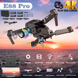Foldable black quadcopter drone with dual 4K HD cameras and FPV system