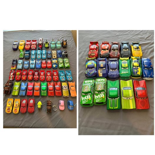 Assorted diecast toy cars in various colors, multiple vehicles laid out in a set