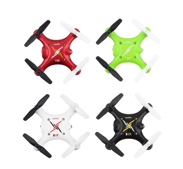 Mini 4CH quadcopter drone set with red, green, white, and black frames and propellers