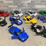1:32 diecast cars display, blue, yellow, white, green, red, black vehicles