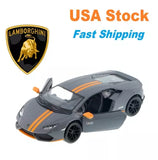 Lamborghini Huracan diecast toy car in light gray with orange racing stripes and black wheels