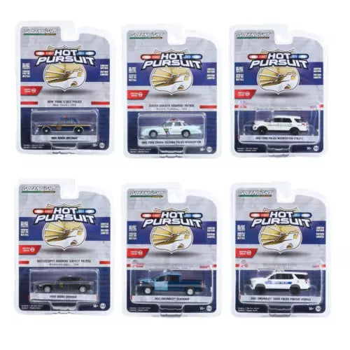 Set of 6 diecast police car toy models in blister packs, assorted colors