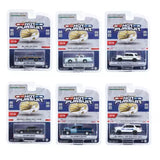 Set of 6 diecast police car toy models in blister packs, assorted colors