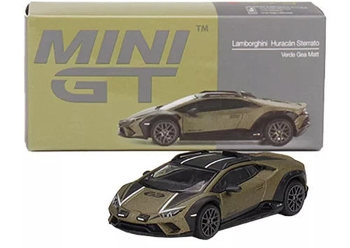Diecast model sports car, matte green with black wheels and stripes, 1/64 scale