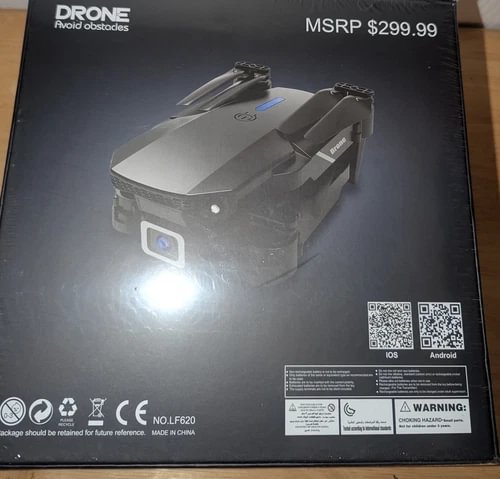 Sealed obstacle-avoidance drone retail box showing drone photo and MSRP $299.99