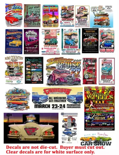 Car show poster and sign decals sheet with colorful vintage race car designs