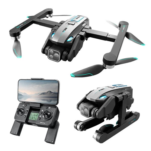 GPS return-to-home drone with dual cameras, foldable arms, green accents