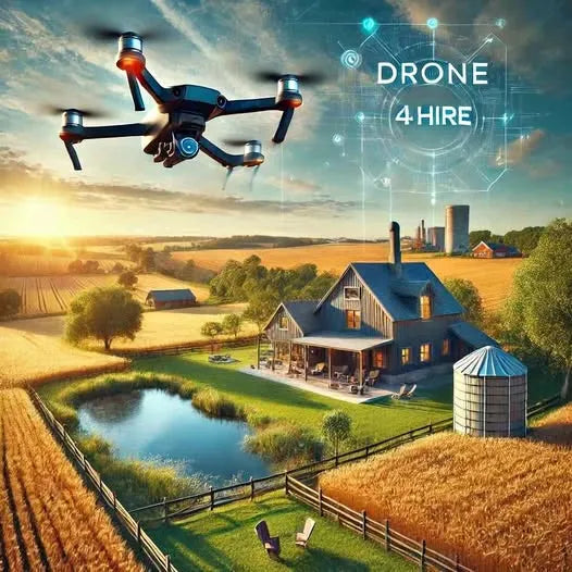 Quadcopter drone hovering above a farm property near a pond