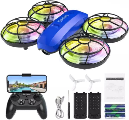 Kids RC quadcopter drone set with camera, blue body, colorful LED rotors, controller