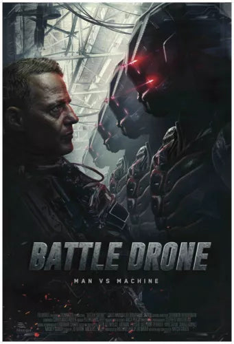 Movie poster showing robotic drones and faces with "MAN VS MACHINE" text
