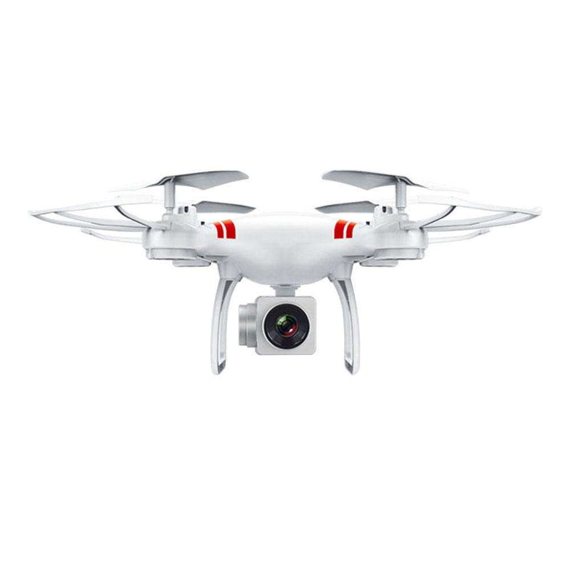 White mini quadcopter drone with 4 propellers and front camera